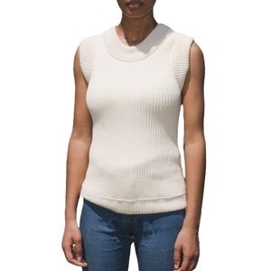 Baserange Tauro Ecru Knit Organic Cotton Sleeveless Round Neck Ribbed Vest XS/S
